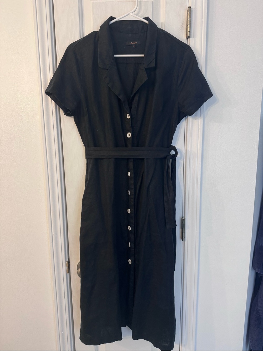 Quince European Linen Black Short-Sleeve Button Midi Dress with Waist Tie - Picture 2 of 2